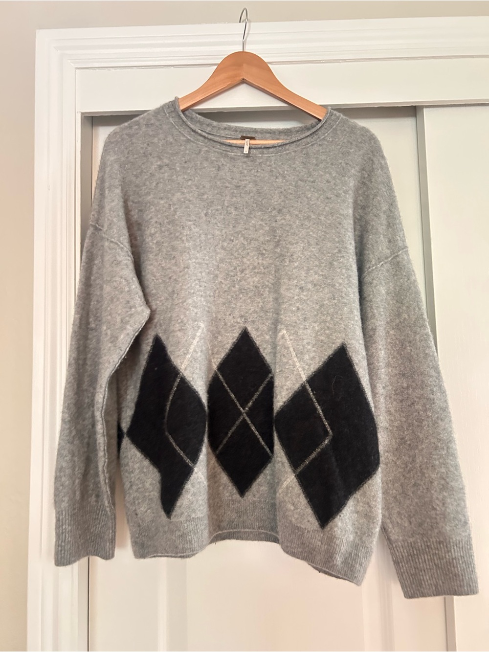 Free People Soft Grey Argyle-Panel Women's Sweater